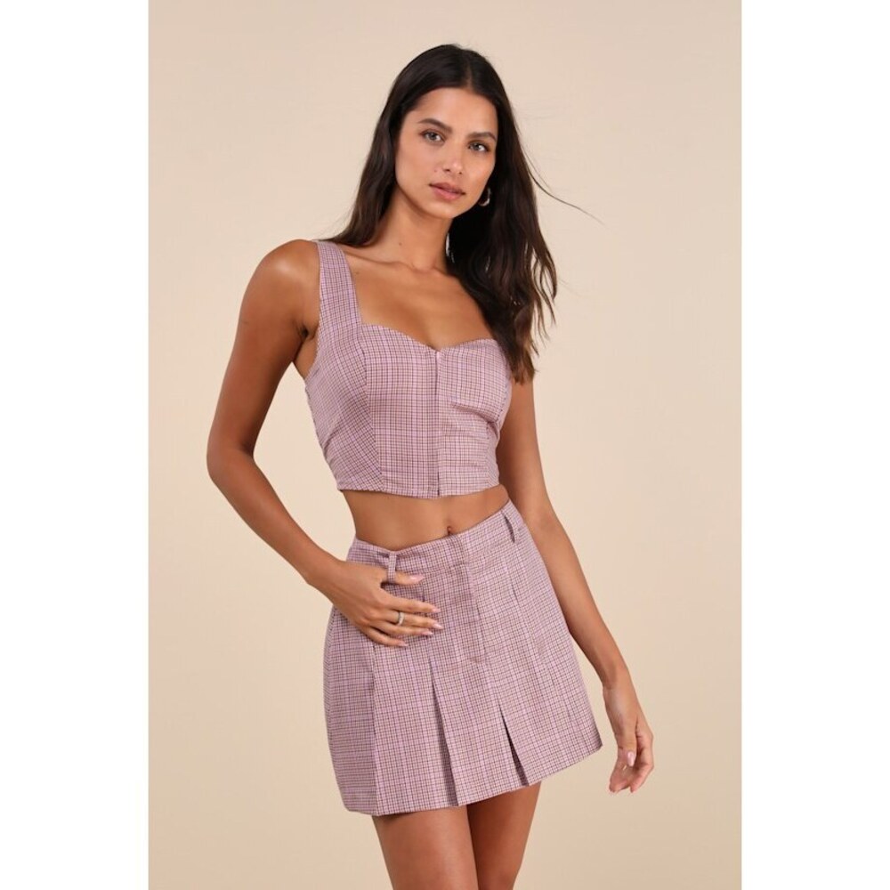 Lulus Cute Perception Light Pink Plaid Pleated High-rise Skort - Size M